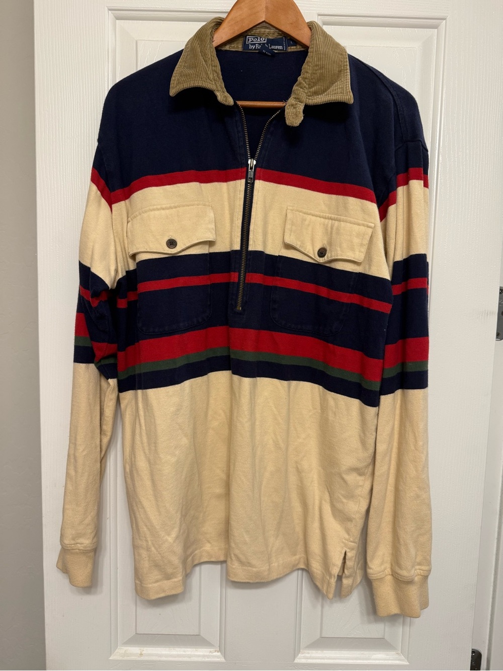 VINTAGE POLO RALPH LAUREN STRIPED 1/2 ZIP RUGBY SHIRT SIZE L